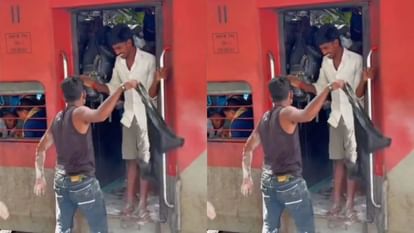 A man was boarding a train carrying a bag he entered he loosened his grip and threw flour on people