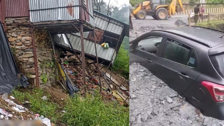 कर्णप्रयाग में बारिश से आफत: बाजार में भूधंसाव से दुकानें क्षतिग्रस्त, मलबे में फंसी कार, नैनीताल हाईवे बंद