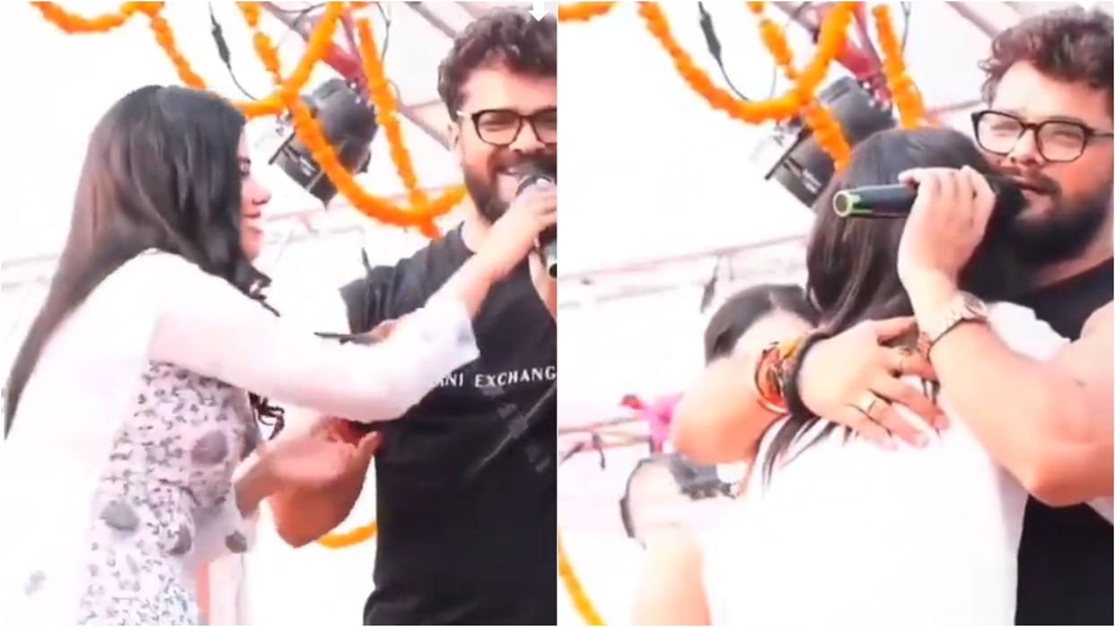 Khesari Lal Yadav Flirting With female Fan On Stage Video Viral Amid Pawan Singh Anjali Raghav Controversy