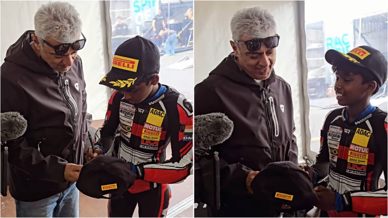 Actor Ajith Kumar Gets autograph from 13 year old racer Jaden Immanuel from Chennai Video Goes Viral