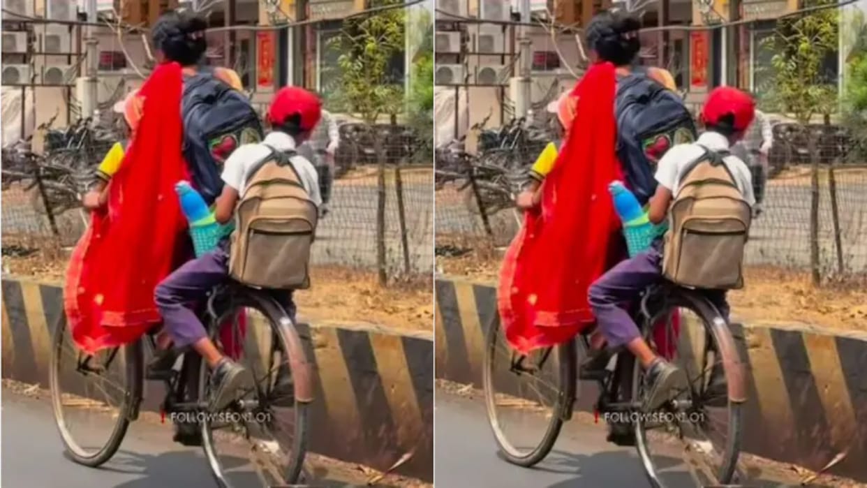 Mother seen taking children to school on bicycle in scorching sun Video goes Viral on Internet