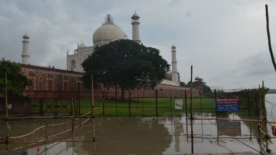 agra rainfall yamuna flood alert Water enters park behind Taj Mahal