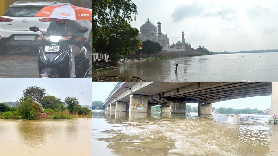 agra rainfall yamuna flood alert Water enters park behind Taj Mahal