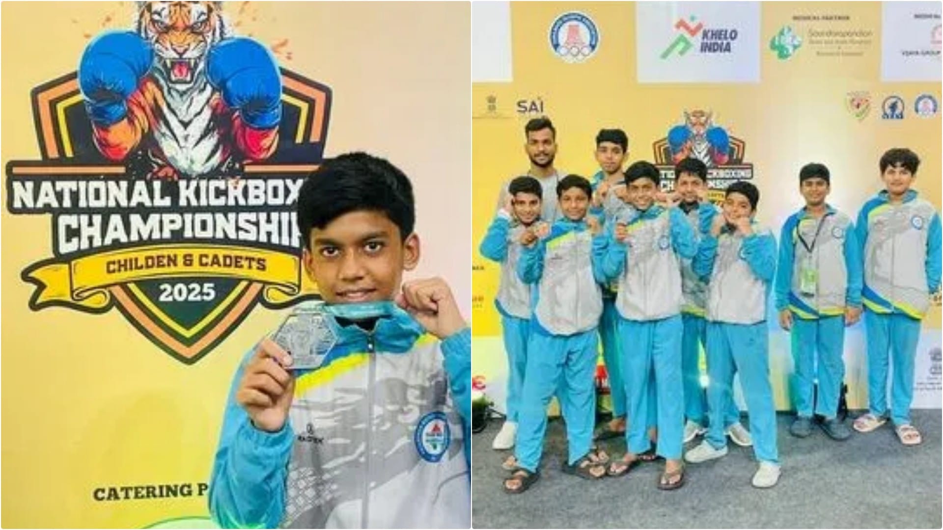 मेडल दिखाते हुए किक बॉक्सिंग खिलाड़ी रेयांश उपाध्याय