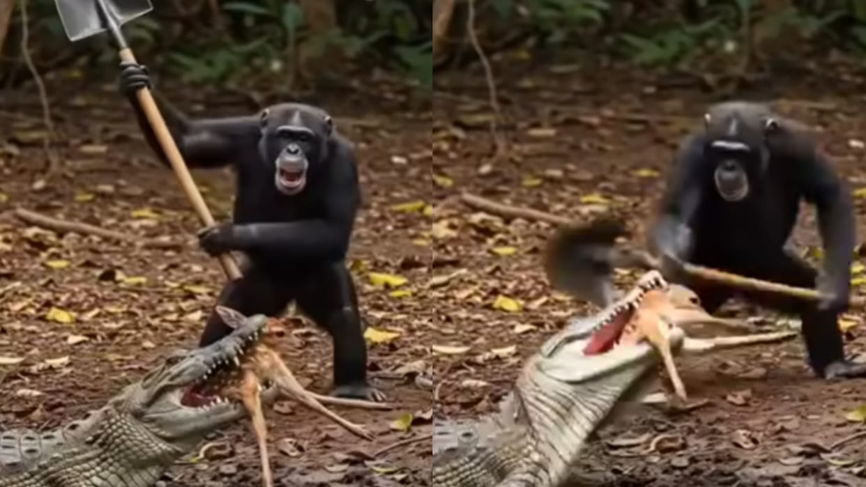 Crocodile and gorilla fight for baby deer Shocking video goes viral on social media