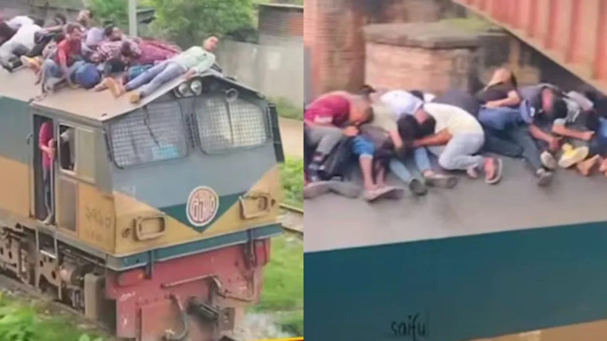 Passengers were risking their lives while travelling on the roof of a moving train they pushed each other