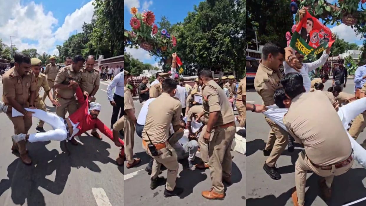 SP activists protest against lathicharge on students in Barabanki.