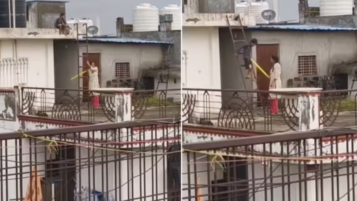 Aunty brought the child down from the roof then taught him a lesson Video goes Viral on Internet