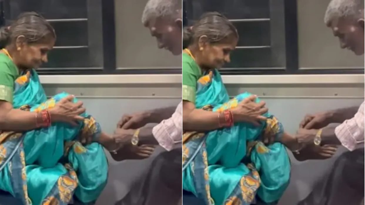 Love is not dependent on age old uncle seen making his wife wear anklets in train Video goes Viral