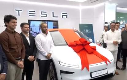 Delivery of first Tesla (Model Y) car to Transport Minister Pratap Sarnaik