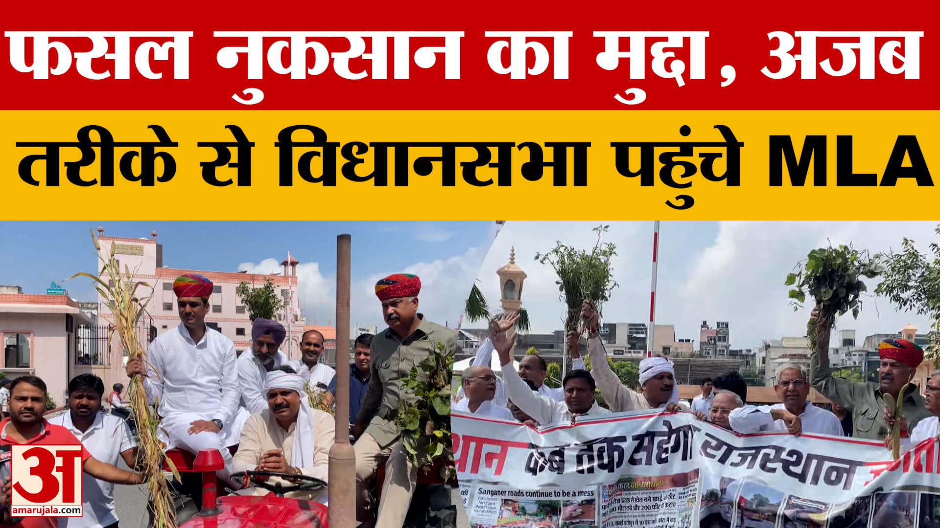 Jaipur: भारी बारिश से फसलों को नुकसान, मुद्दा उठाने अजब अंदाज में विधानसभा पहुंचे Congress विधायक!