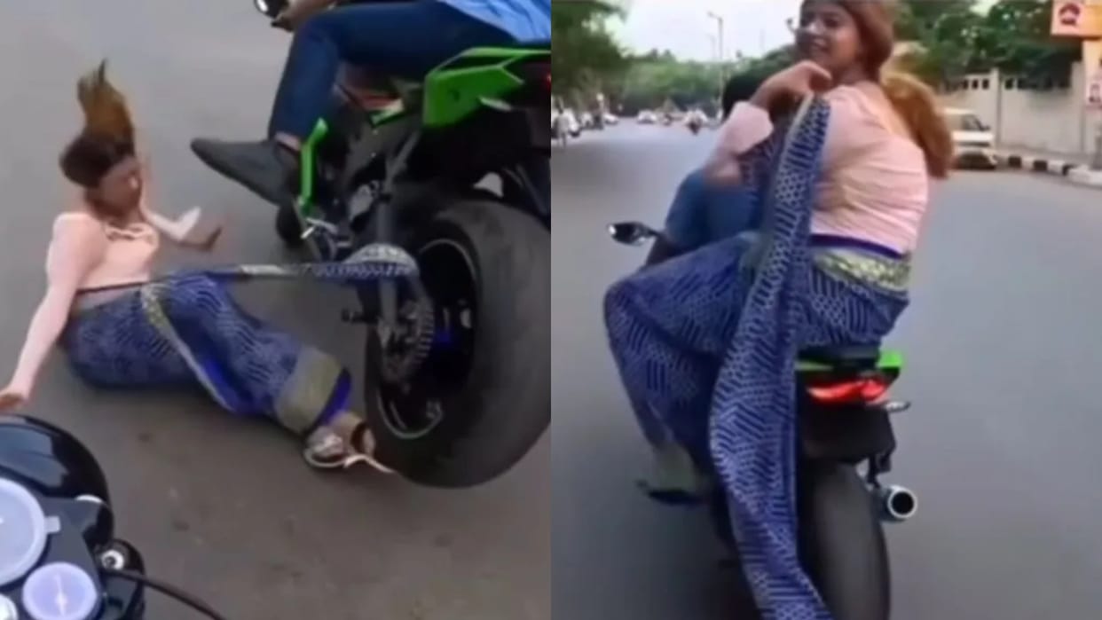 Girl was hanging her pallu did not listen even after warning clothes got stuck in the bike and she fell down