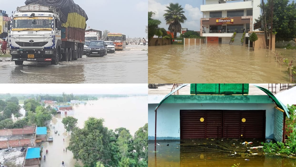 flood water across the Lucknow-Delhi highway and the medical college campus is also flooded in Shahjahanpur