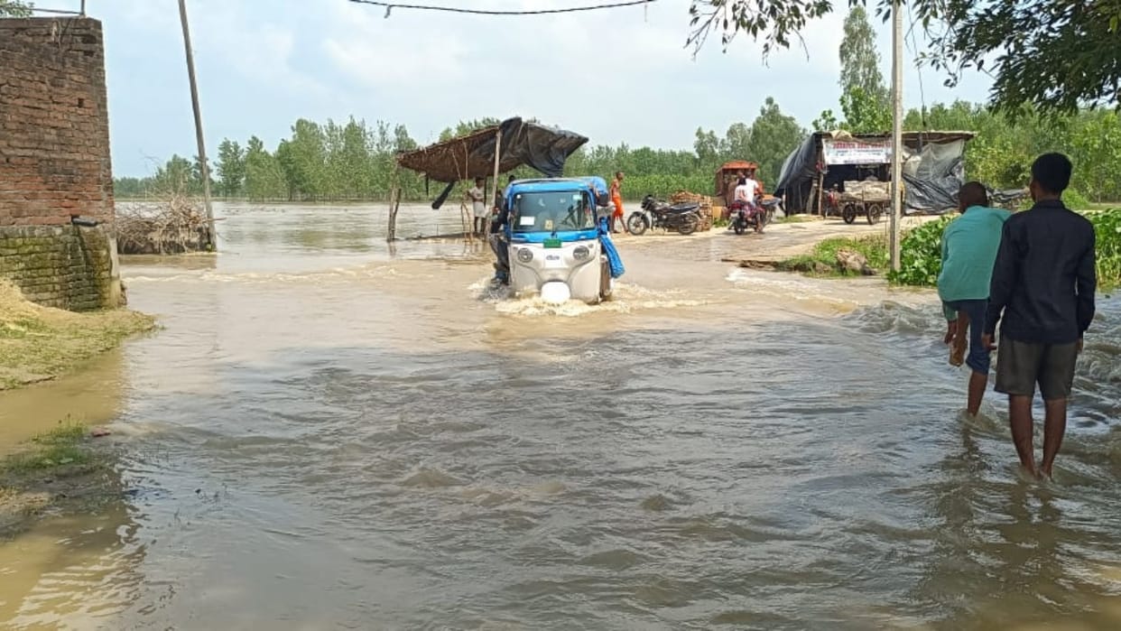 road was damaged by floods in the Bahgul River in Bareilly