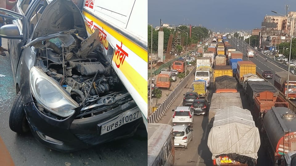 uncontrolled truck hit three vehicles including car in Agra