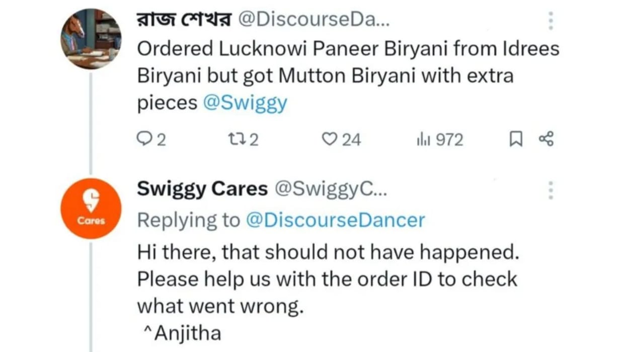 After ordering paneer biryani mutton biryani was delivered to the persons Post goes Viral on Internet