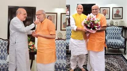 मुंह मीठा कीजिए...जीत के बाद राधाकृष्णन के साथ गृह मंत्री अमित शाह व रक्षा मंत्री राजनाथ सिंह।