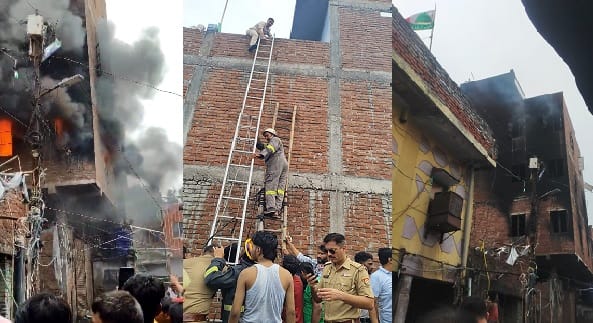 Kanpur massive fire broke out in three storey house in Beconganj police rescued 10 people two were burnt