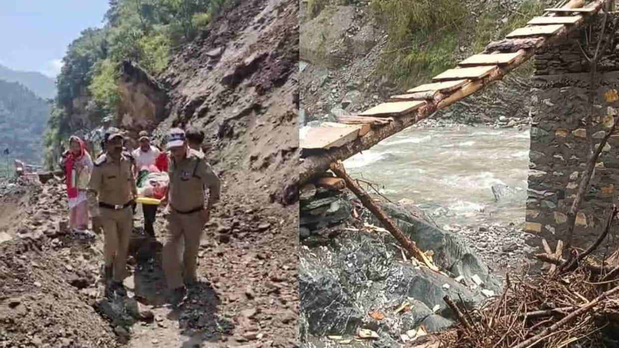 Traffic police helped a pregnant woman cross landslide zone using a stretcher Uttarkashi