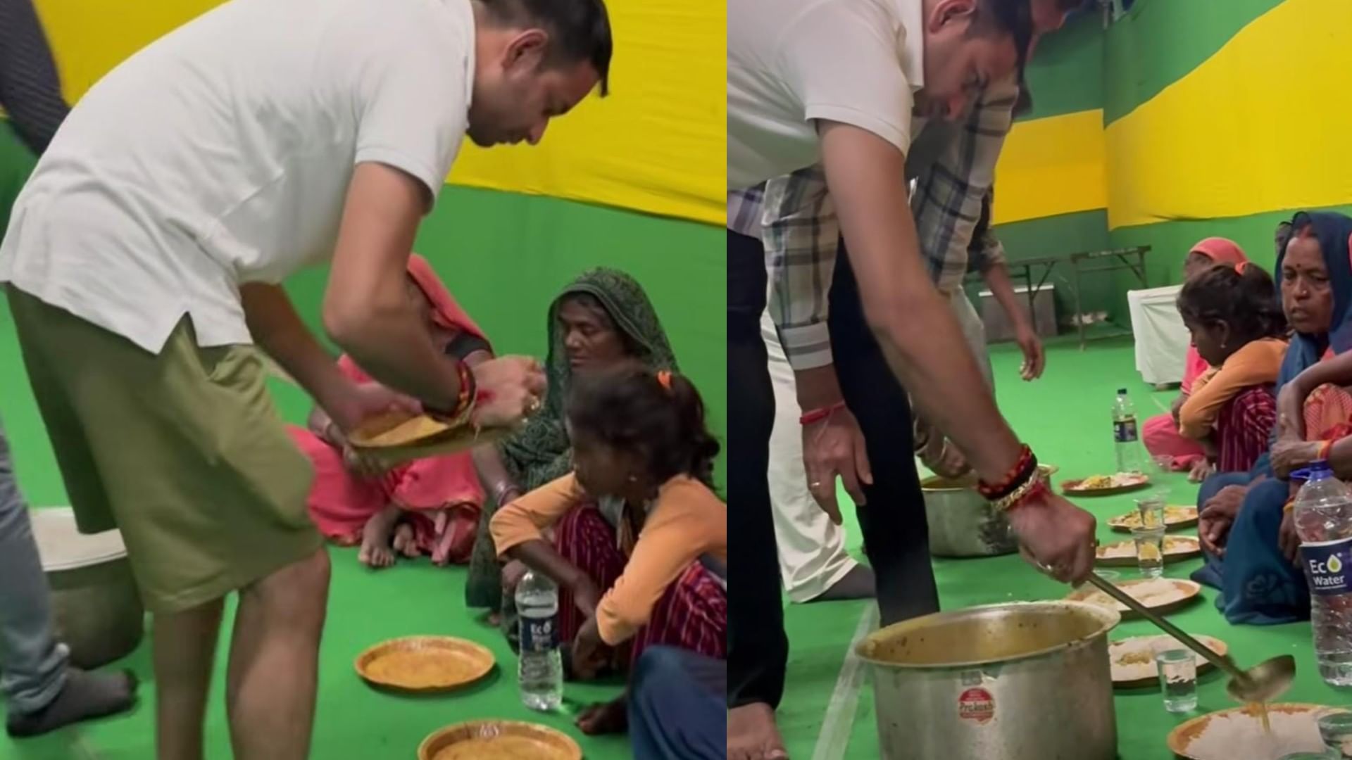 तेज प्रताप यादव लोगों को खाना खिलाते दिखे।