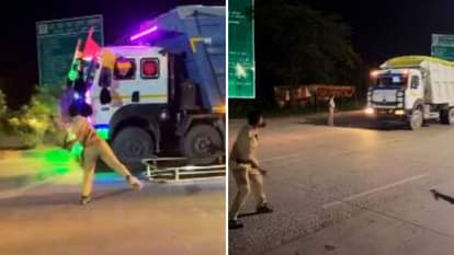 खनिज लदे वाहनों को पत्थर मार कर रोकती पुलिस।