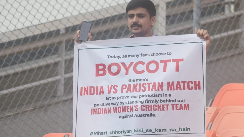 India-Australia women match at New Chandigarh Stadium boy show banner boycott of India-Pak match