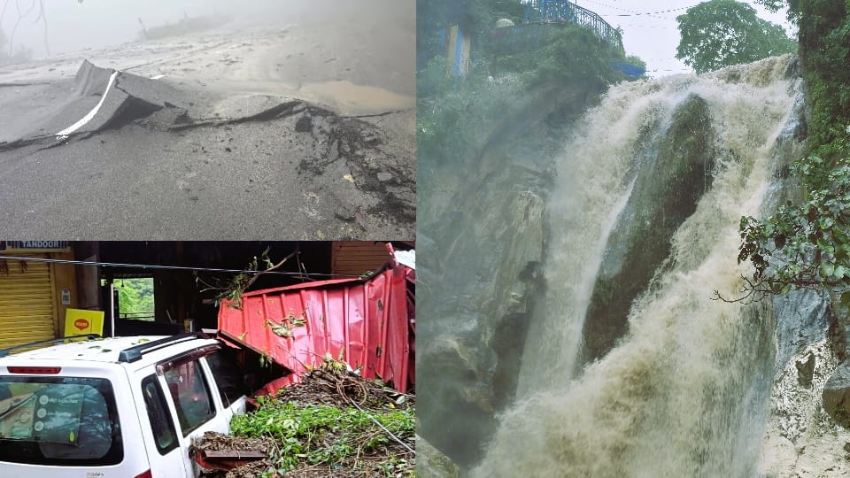 Dehradun weather Heavy Rainfall in Mussoorie Roads collapsed hotels and restaurants destroyed Road Closed