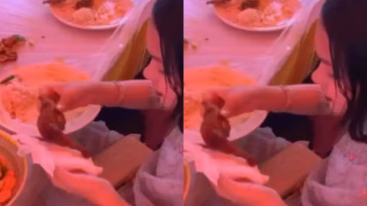 When he got full while eating food at a wedding he kept a chicken leg piece in his purse Video goes Viral