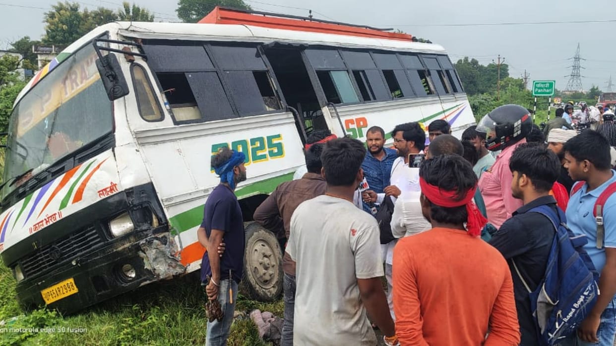 varanasi road accident 12 people including an innocent child injured when bus hit bike and fell into ditch