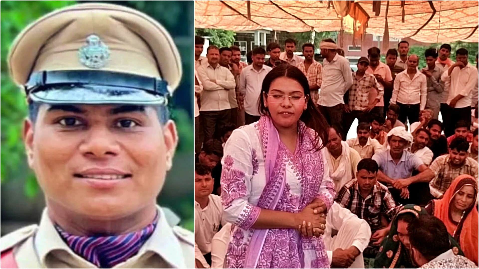 मृतक ट्रेनी एसआई राजेंद्र सैनी तथा प्रदर्शन करते ट्रेनी एसआई कर्मचारी