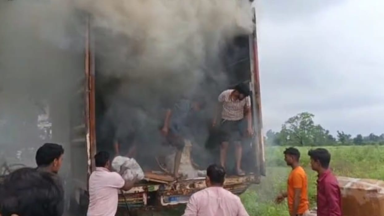 Roadside container caught fire in Kangri area Haridwar near Shyampur-Najibabad highway causing panic