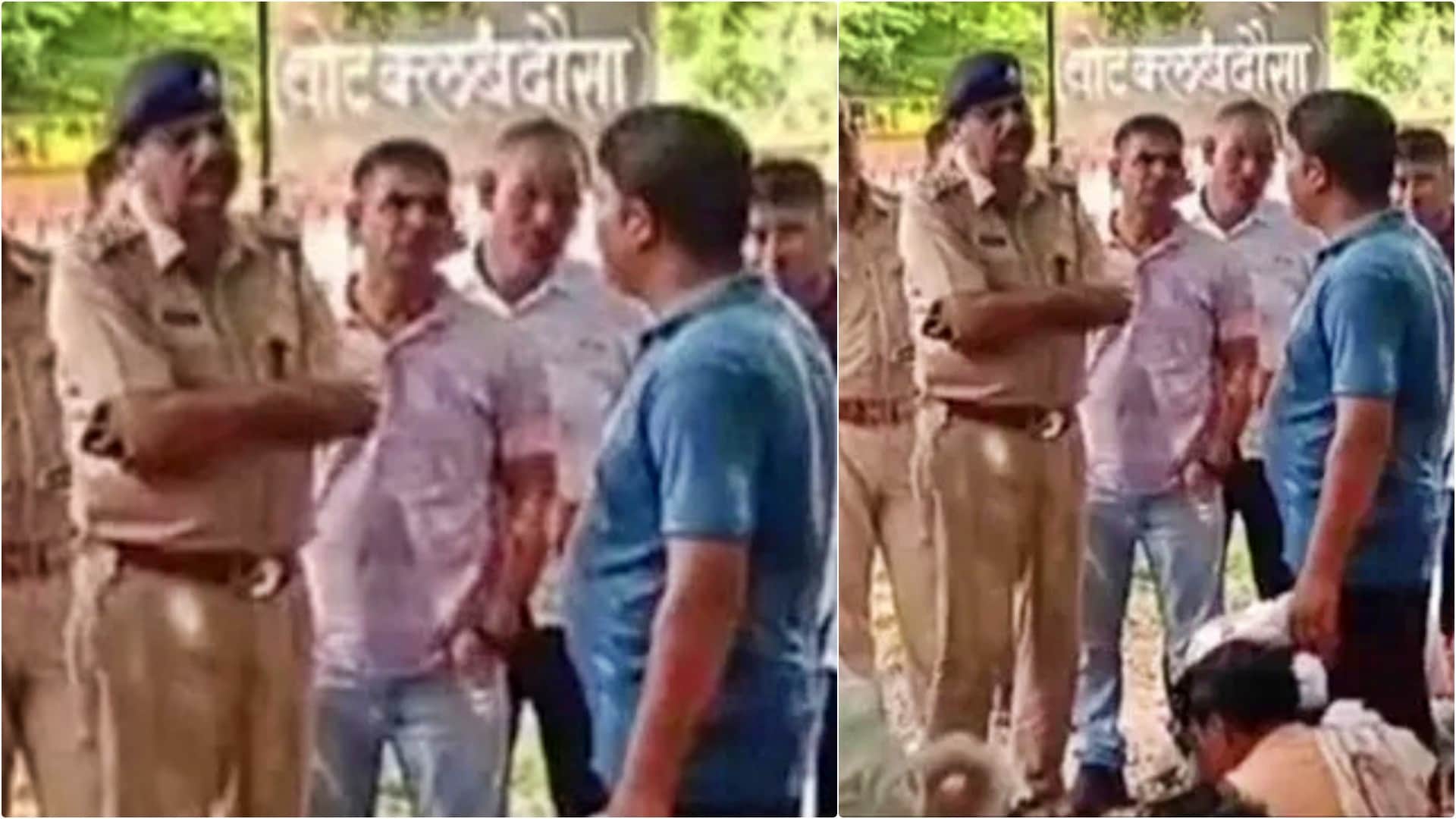 प्रदर्शनकारी ग्रामीणों को समझाती पुलिस टीम