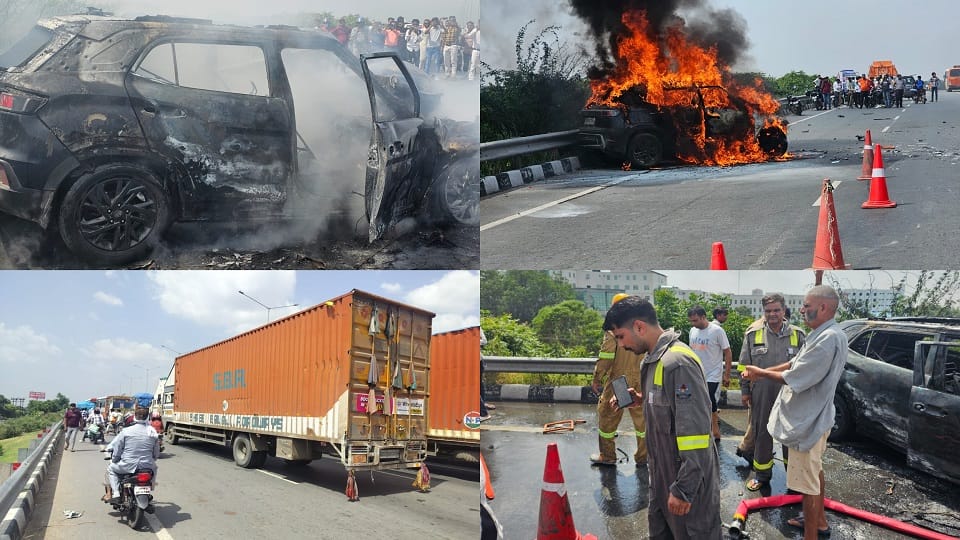 Car bursts into flames after colliding with garbage truck