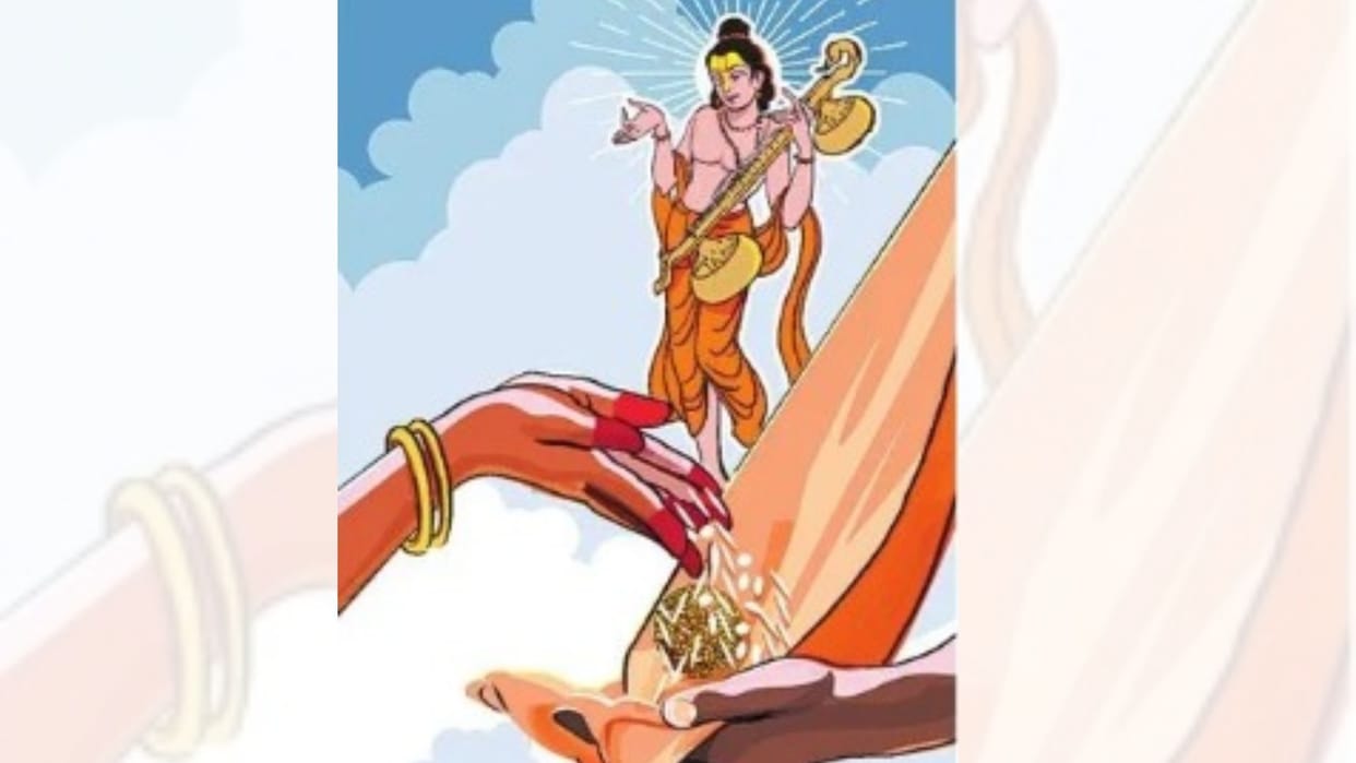 Devarshi Narada explains to King Dharmavarma verse spoken in Sanskrit through Akashvani