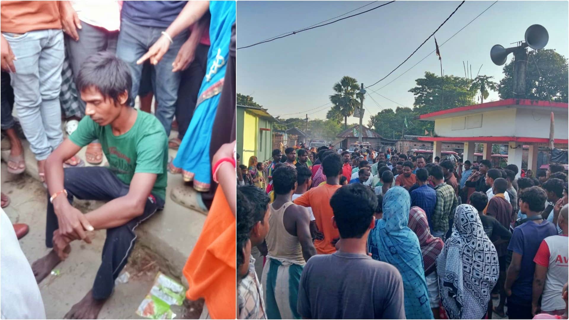 आरोपी युवक को पुलिस ने पकड़ा, मौके पर मौजूद लोगों की भीड़