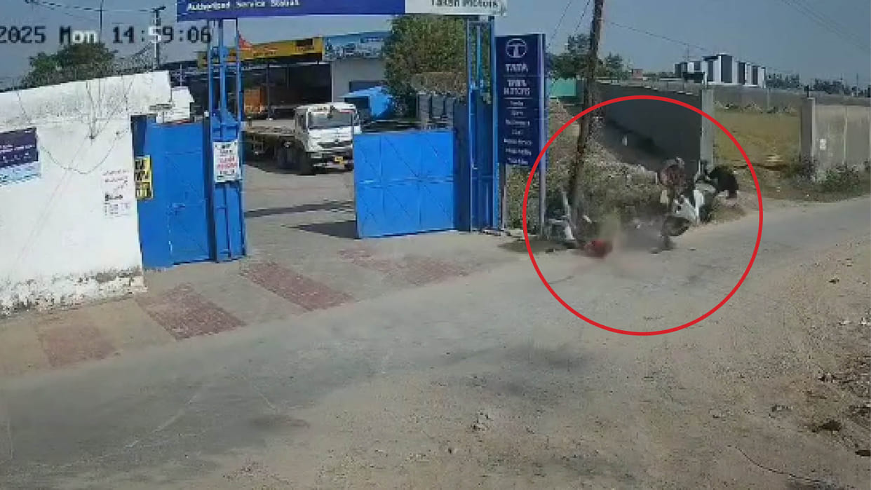 Two bikes collided violently bikers thrown into air and fell far away