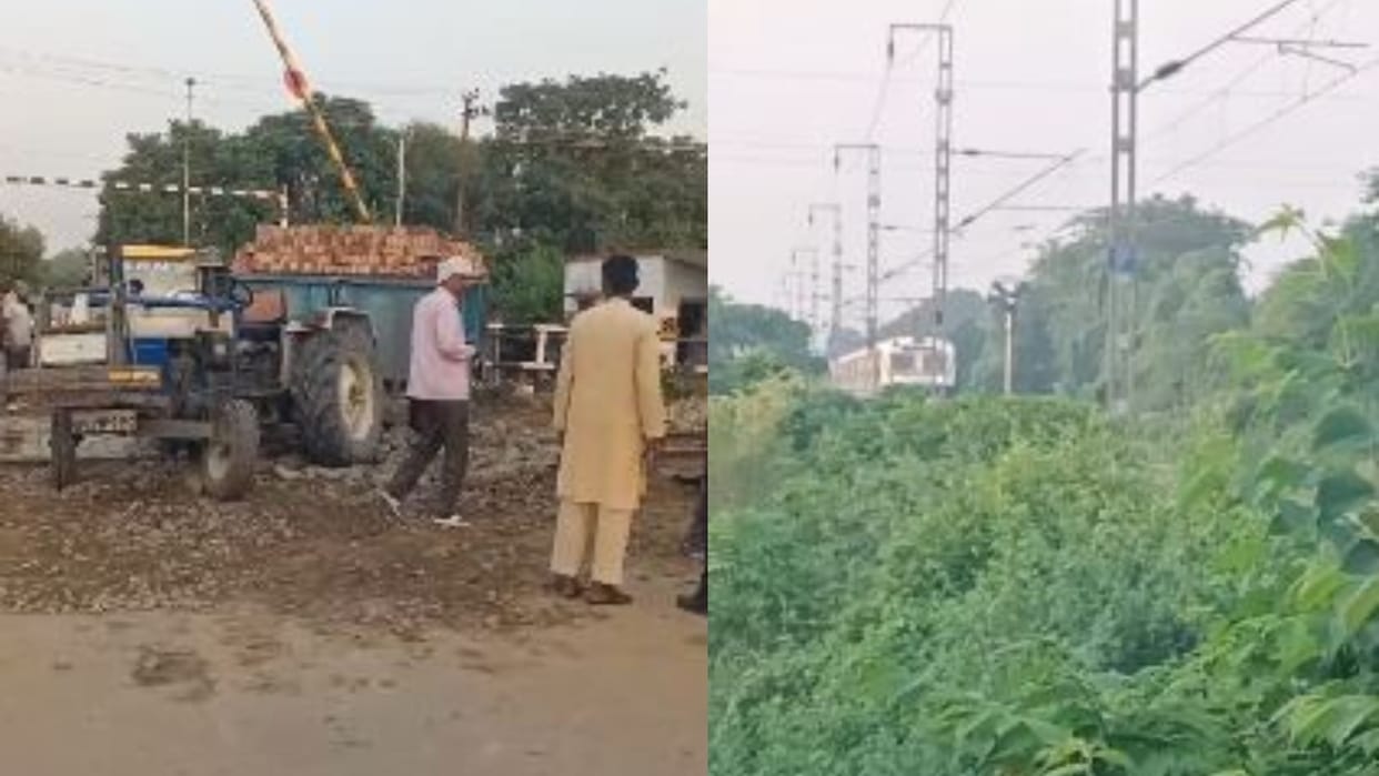 tractor trolley full of bricks got stuck at railway crossing in Bareilly