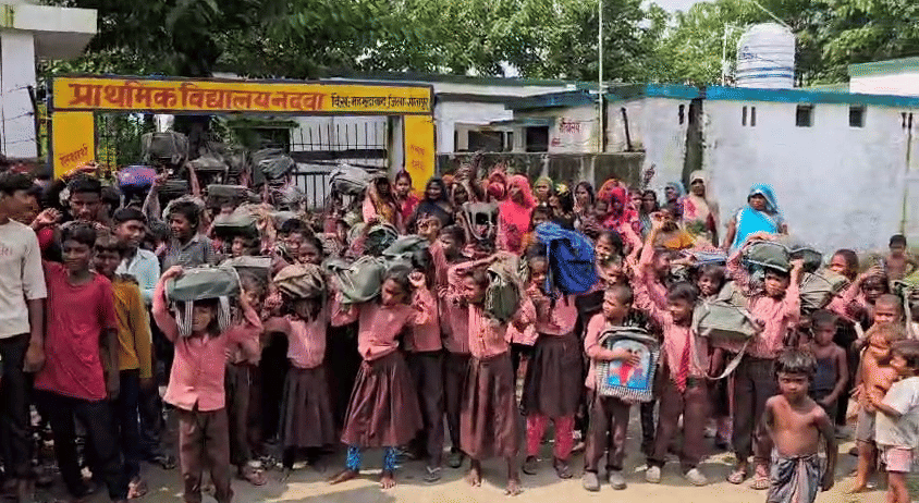 Sitapur: Headmaster suspended for beating BSA; children protest outside school with school bags on their heads