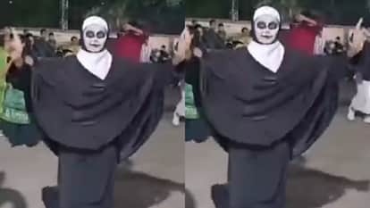 चुड़ैल वाला मेकअप कर गरबा खेलने पहुंची महिला
