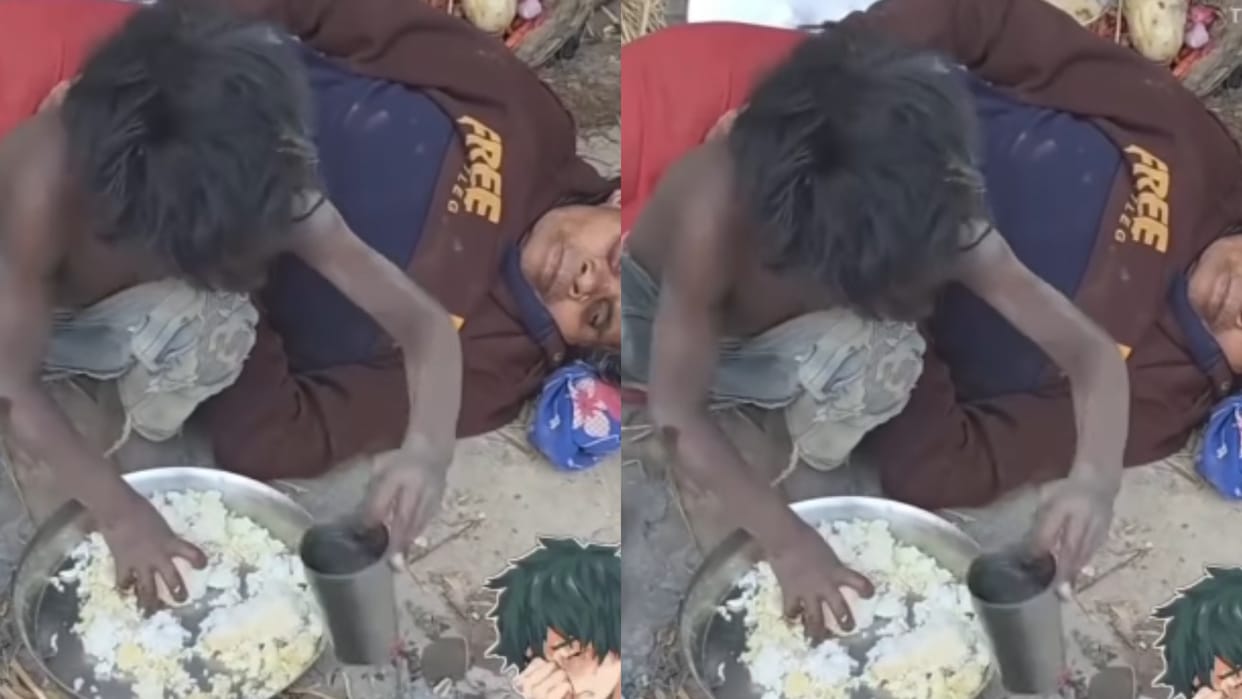 A child was seen eating rice mixed with water there was no daal or vegetables Video goes Viral on Internet