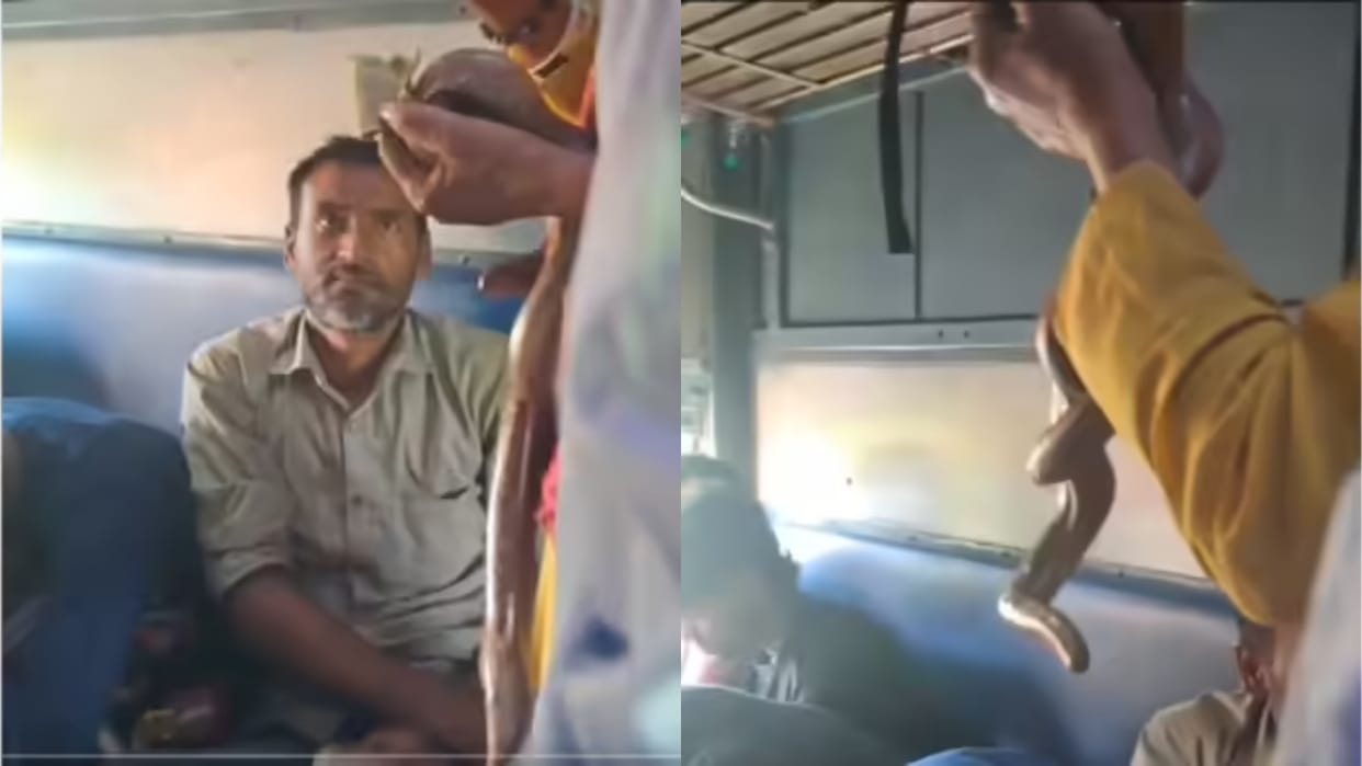 A man was seen demanding money from passengers on a train by showing them a snake people got angry