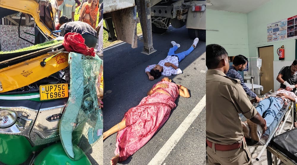 Etawah Accident out of control Overload auto rammed into dumper four died ambulance not arrive on time