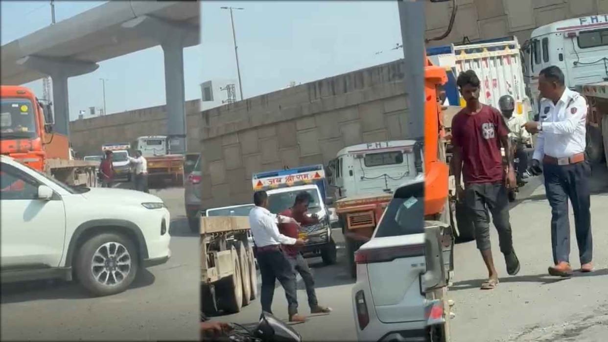 ASI Slaps Truck Driver for Wrong-Side Driving on Faridabad Flyover viral video