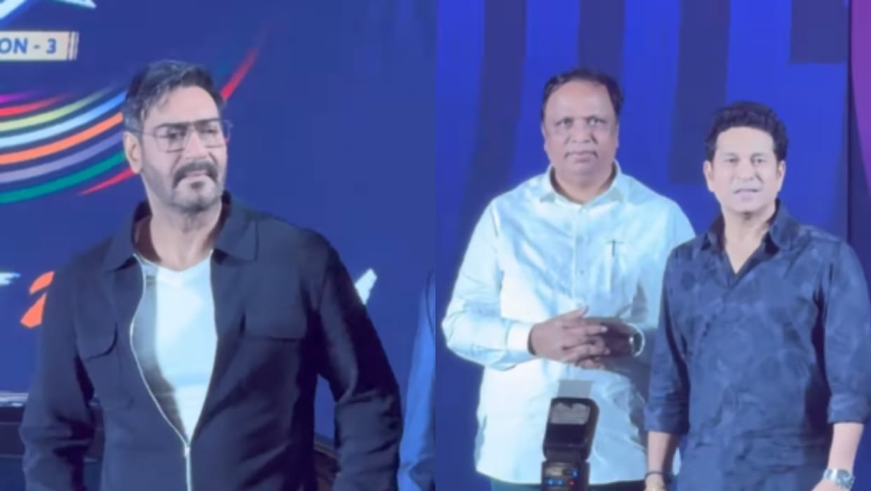 ajay devgn joins sachin tendulkar ispl event ahmedabad team bollywood cricket unite