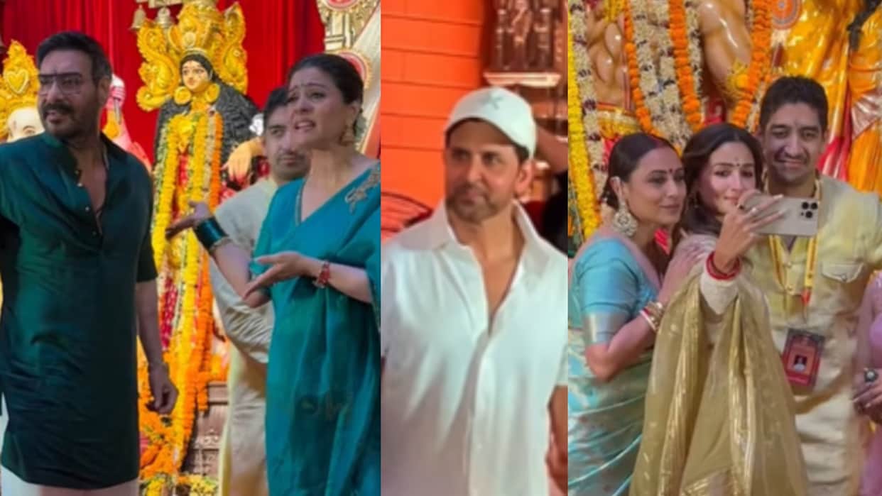Ajay Devgn Kajol twin in green Alia Bhatt Rani mukherji at Maha Navmi celebration Durja Pooja Pandal