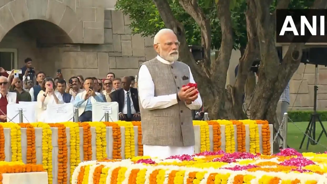 Prime Minister Narendra Modi arrives at Raj Ghat to pay tribute to Mahatma Gandhi, on his birth anniversary