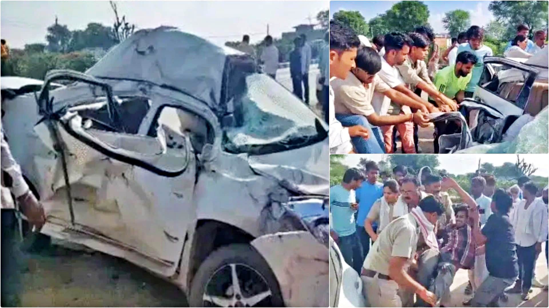 दुर्घटनाग्रस्त कार तथा उससे घायलों को निकालते पुलिसकर्मी और स्थानीय