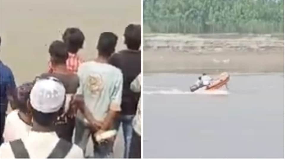 महिला ने नदी में लगाई छलांग।