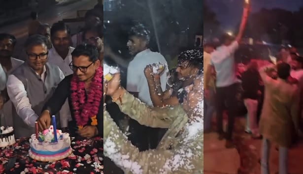 Hamirpur BJP MLA celebrates supporters birthday on the street cake on car bonnet street ruckus