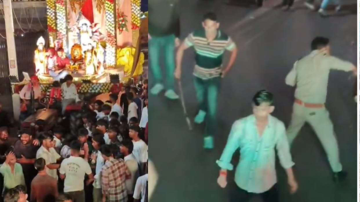 Police lathi charged idol immersion procession video viral on social media in jaunpur